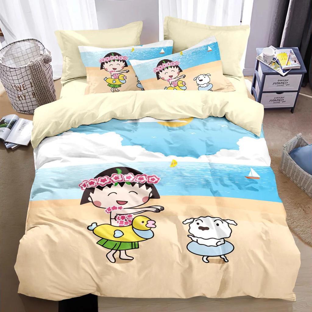 Modern Printed Maruko-chan Girl Duvet Covers Set, Anime Girl 3-Piece Set Queen Comforter Bedding Sets for Kids Children Girls