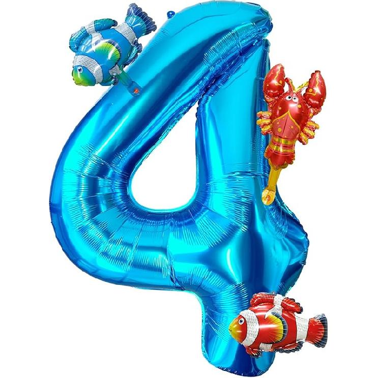 40 Inch Under the Sea Blue Number 1 Balloon, Mini Sea Animal Balloons Ocean Animal Foil Balloon, Fish Crawfish Balloons for Boys Girls Ocean Theme