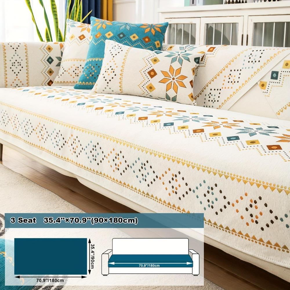 1pc Bohemia Chenille Sofa Cover, Geometric Embroidery Sofa Slipcover, Thick Plush Sofa Protector Cover, for Bedroom Office Living Room Home Decor