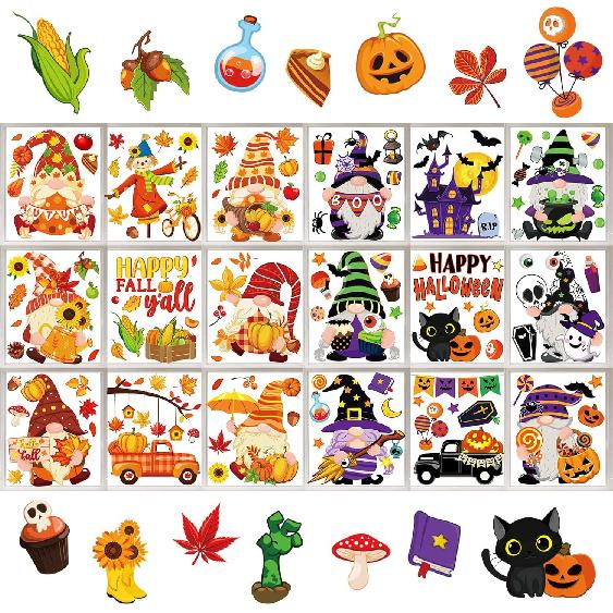 Whaline 18 Sheets Valentine s Day St. Patrick s Day Window Clings Pink Love Heart Tree Cute Gnome Green Shamrock Window Decals Windows Decor for Home Fall Halloween