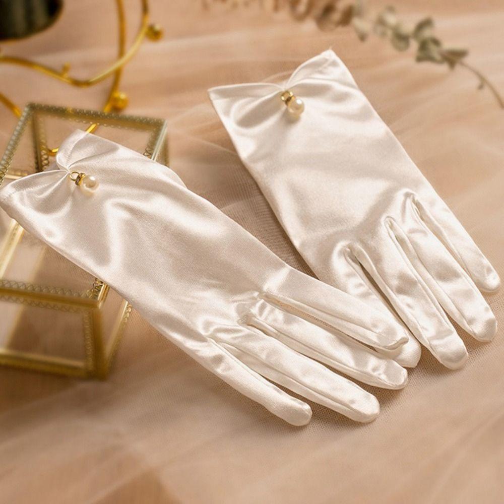 Elegant Five Finger Bridal Gloves Pearl White Black Full Finger Gloves Lolita JK Driving Mittens Women Girls