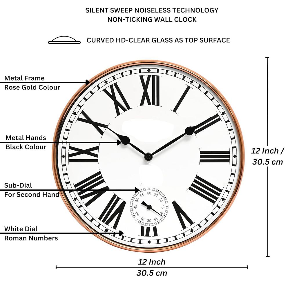 Analog Wall Clock with Sub-Second Dial (12 Inch) (Rosegold, with HD Clear Curved Glass)(Silent Sweep Movement Technology)(Fleet Street in Rose)