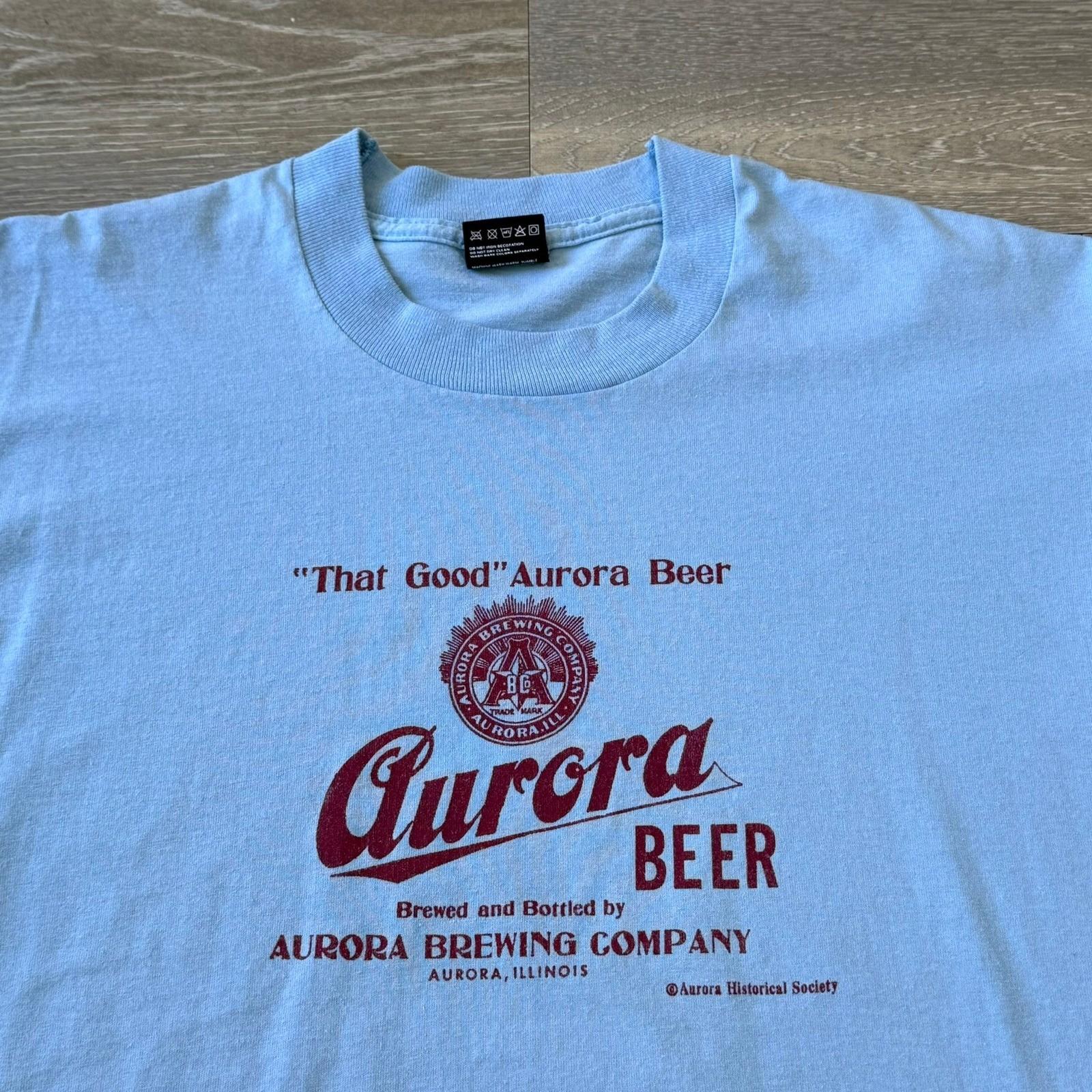 Vintage 80s Aurora Beer Brewing Illinois Graphic Tee Blue Short Sleeve Lg Promo XL