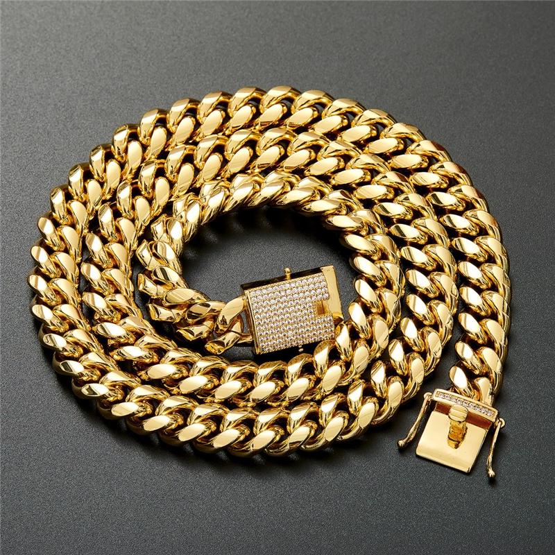 Fashion Men's Hip Hop Rap Jewelry 14mm Iced Out CZ Buckle Real Gold Plated Stainless Steel Miami Cuban Link Chain Necklace
