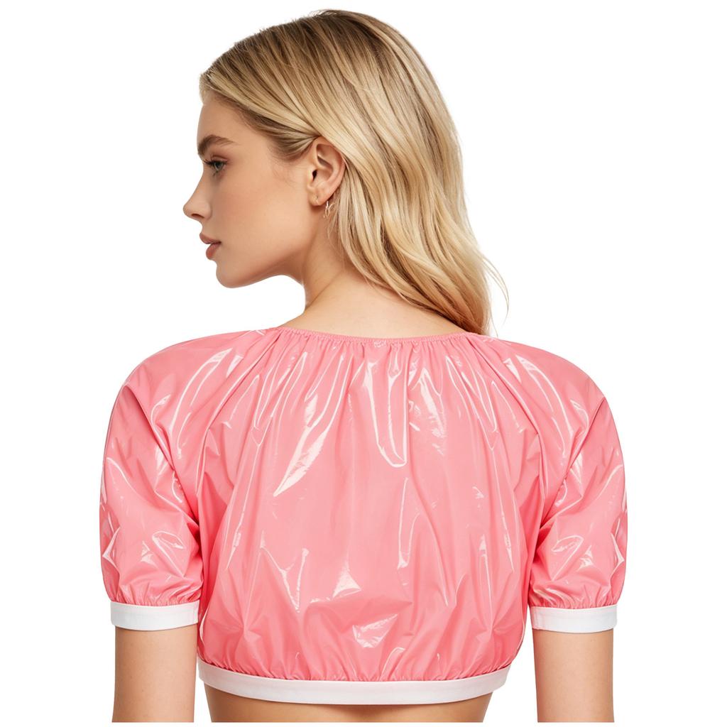 S-3XL Donna Impermeabile Lucido Crop Top Manica Corta Pullover Vinile T-shirt per Costume da Bagno Rave Clubwear Esigenze Speciali