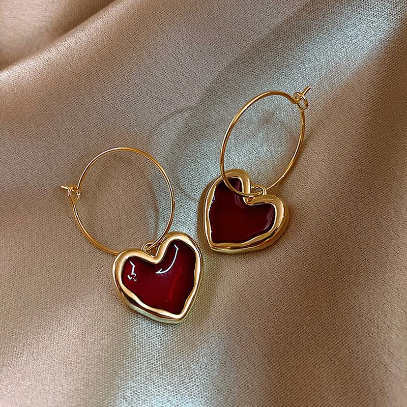 Sweet Burgundy Enamel Heart Earrings For Women  Love Heart Hanging Dangle