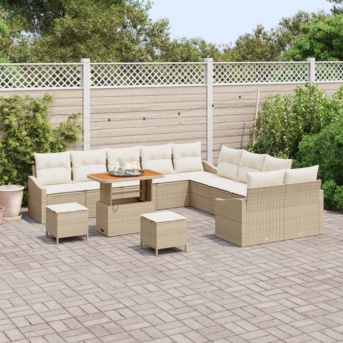 Ensemble de canapé de jardin 13 pièces avec coussins beige poly rattan, Canapé de jardin 2 places avec rangement et coussins 3364666