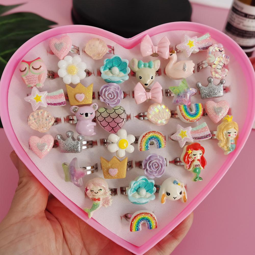 10pcs/Lot Cute Children's Cartoon Rings Glitter Flower Fruit Shape Plastic Adjustable Ope Excluding boxes