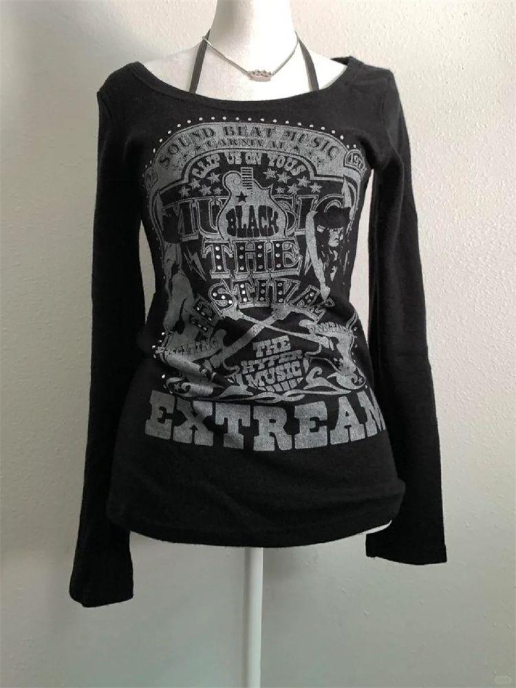 American Retro Print Vintage Long-sleeve T-shirt Women Autumn Design Vintage Base Layer Tops 2000s High Street Y2k Design Causal Clothes