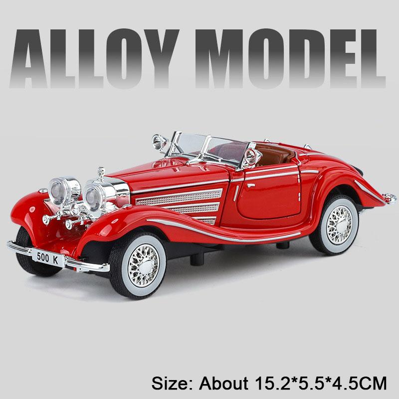 1:32 500K 300SL Vintage Car Model Toy Shock Absorption Alloy Diecast Vehicle Models Sound Light Pull Back Collection Kids Gifts