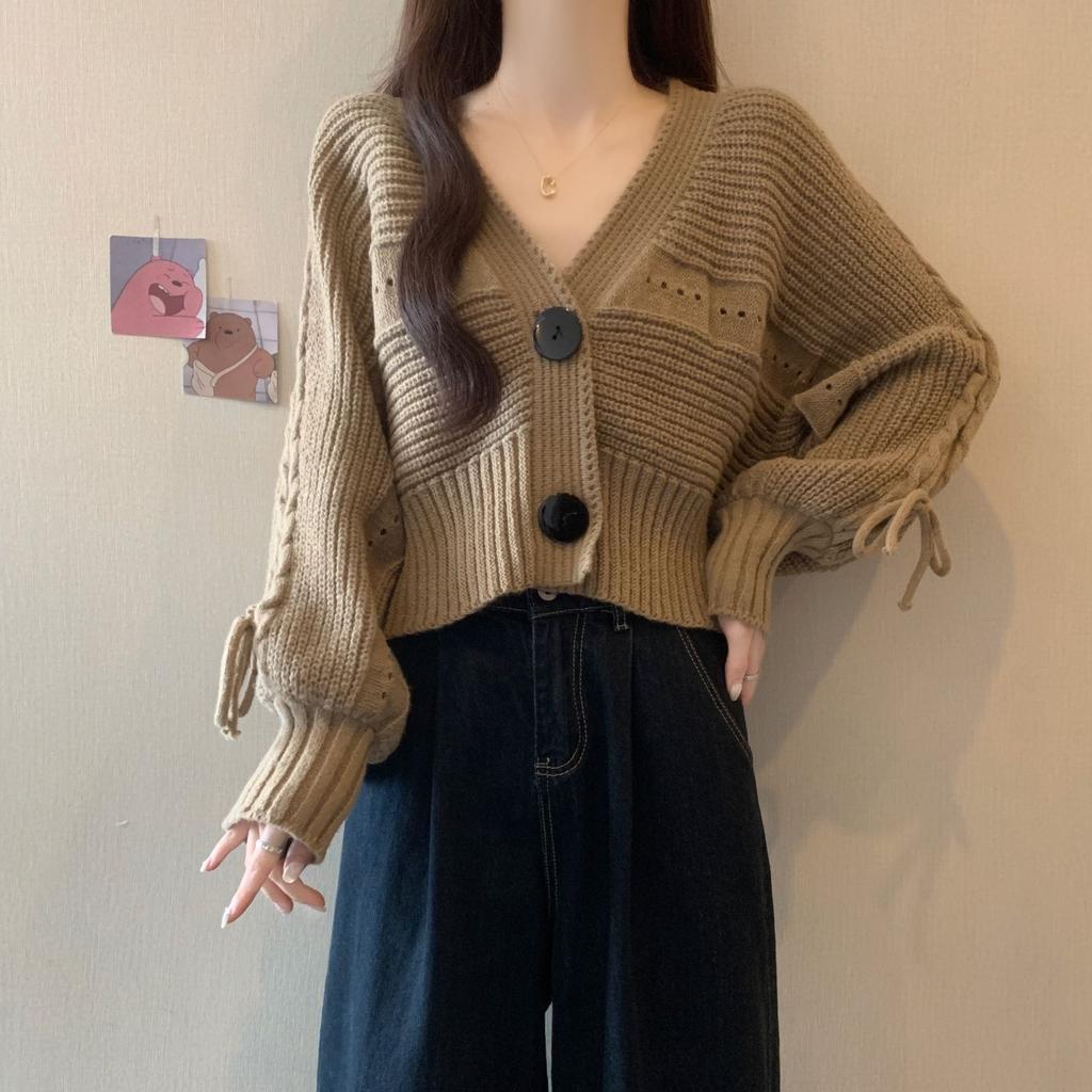Puff Sleeve V-neck Knitted Sweater for Women Autumn Winter Loose Short Outerwear Cardigan
