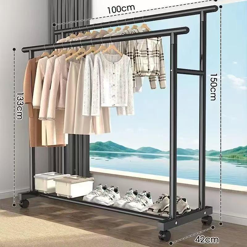 Sturdy Double Bar Wardrobe Rack for Dorms: Floor-Standing, Dual-Layer Clothes & Hat Hanger for Bedrooms and Balconies.
