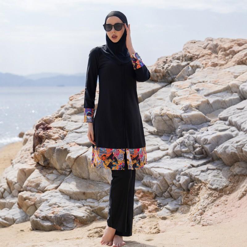 Costume da Bagno Intero da Donna Modesto a Manica Lunga con Copricapo e Pantaloni - Costumi da Bagno con Protezione UV per Spiaggia e Piscina