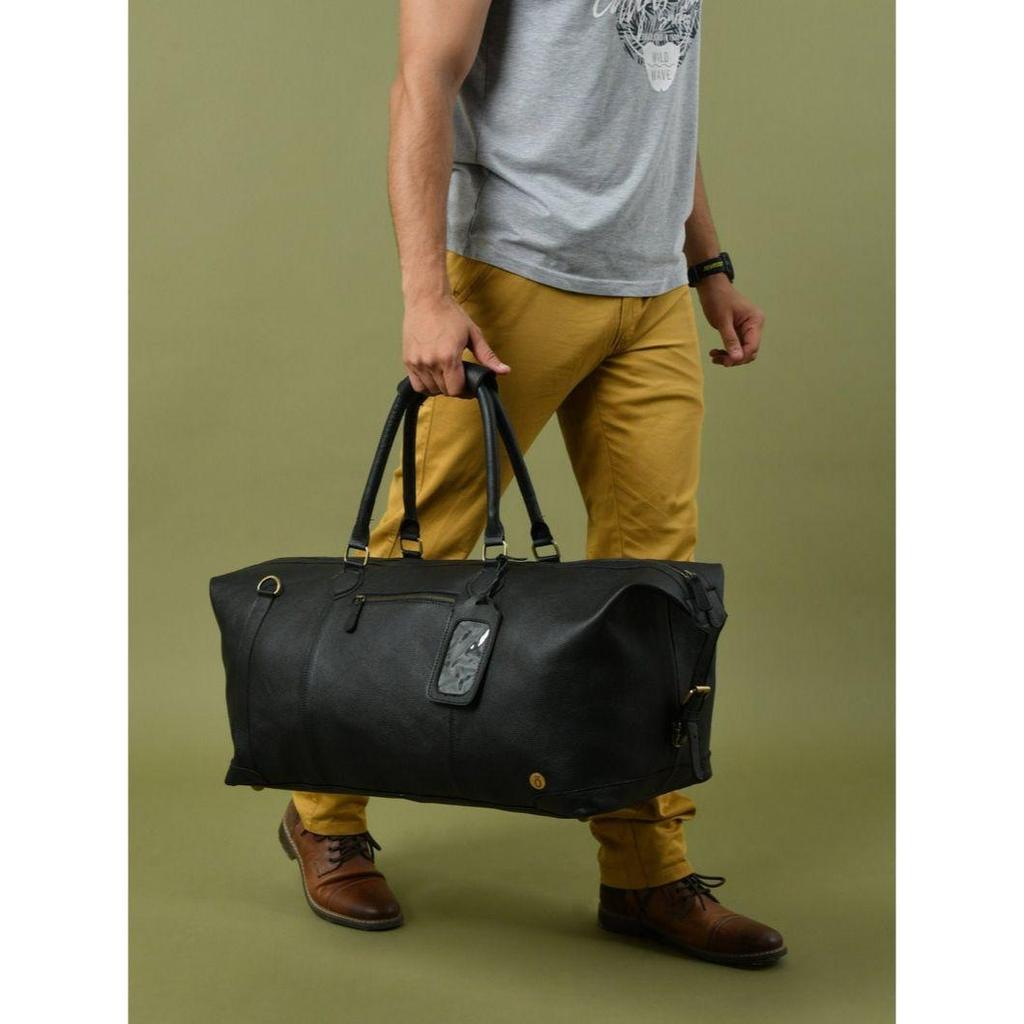 Handmade Black Leather Duffle Bag: Personalized Travel Overnight Bag