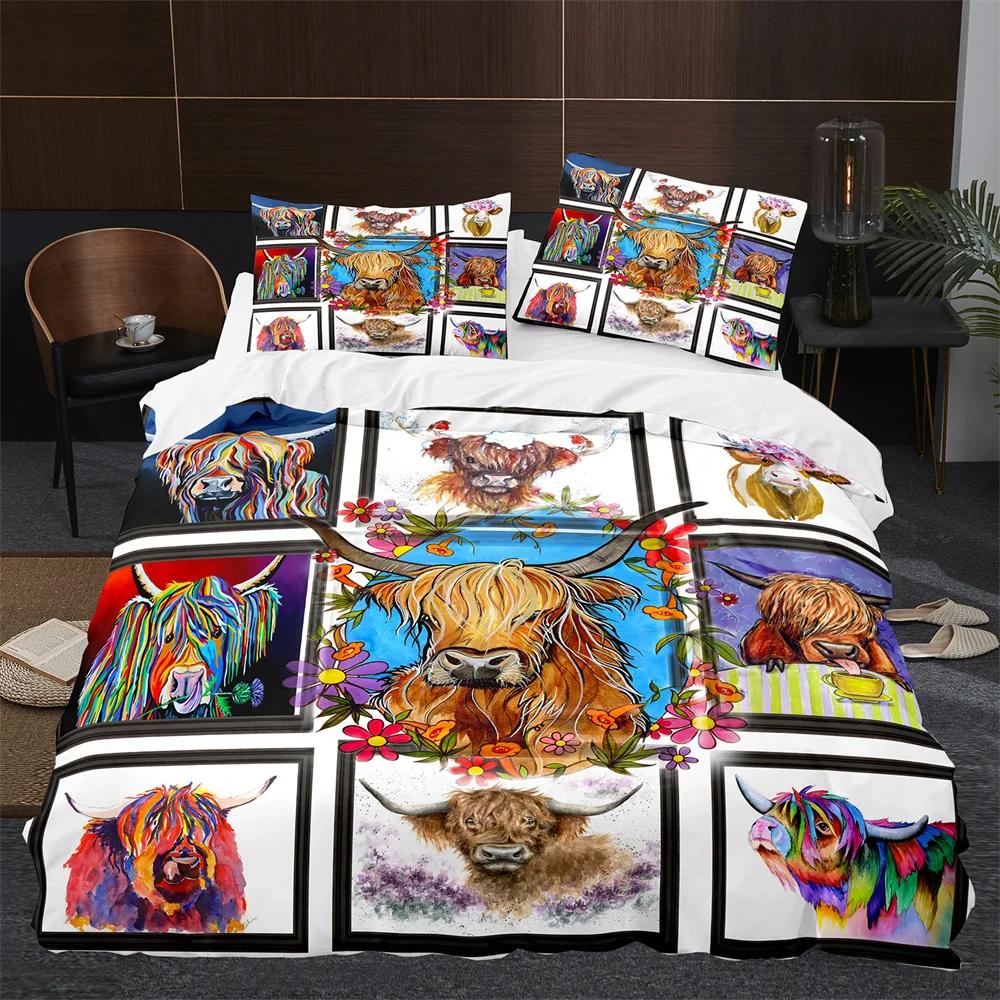 Highland Cow Duvet Cover King Queen Cattle Bedding Set Farmhouse Animal Quilt Cover Western Funny Bull Polyester Comforter Cover
