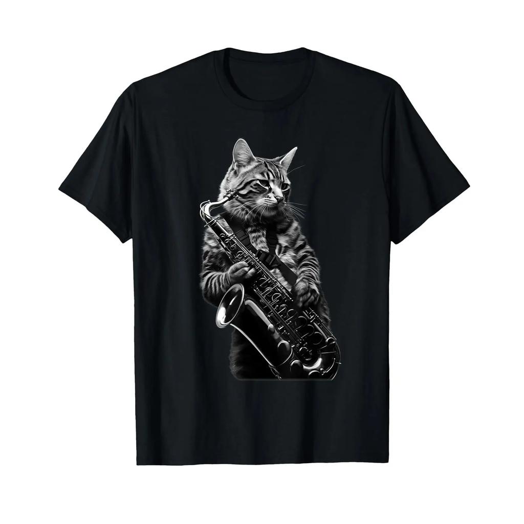 Cat Playing Saxophone T Shirt Black Vintage Fashion Streetwear Breathable Slightly Top For Everyday Wear Unisex