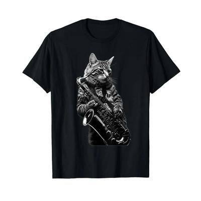 Cat Playing Saxophone T Shirt Black Vintage Fashion Streetwear Breathable Slightly Top For Everyday Wear Unisex
