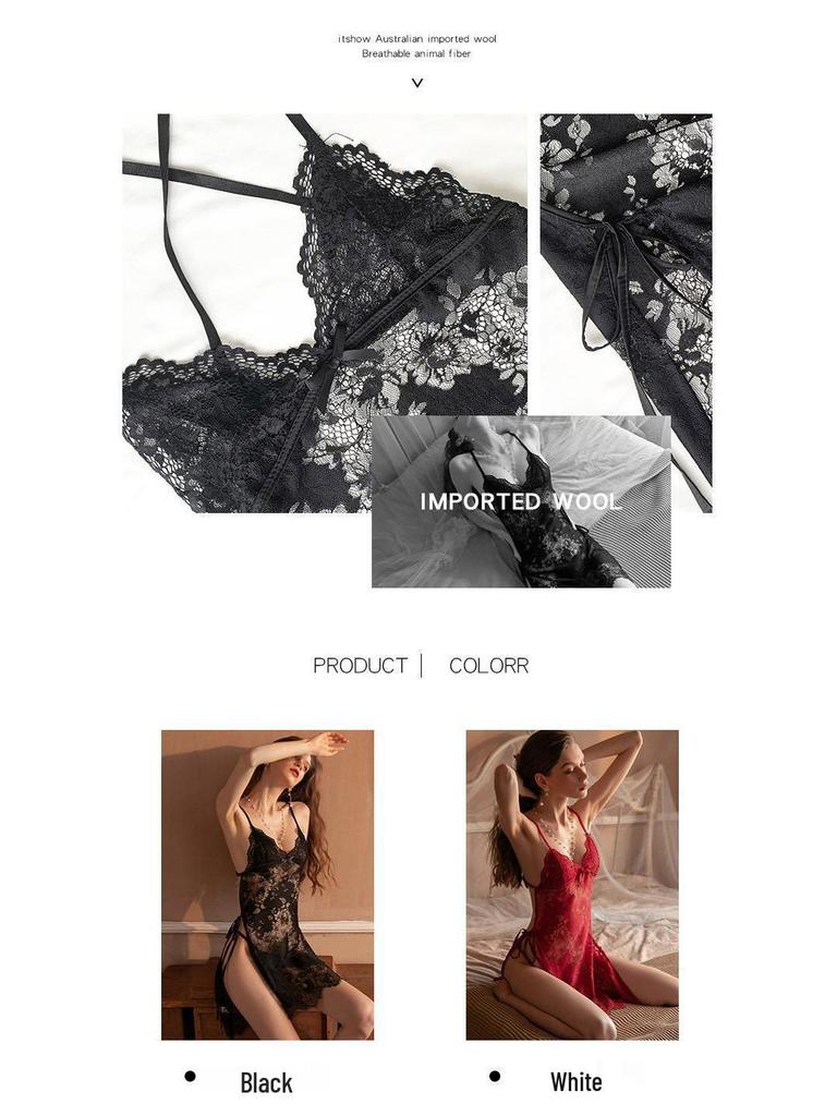 Plus Size Women's Sexy Lace Ice Silk Nightdress & Bathrobe