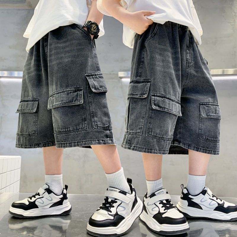 Summer Kids Designer Black Denim Cargo Shorts Tweens Boy Casual Straight Jeans Shorts for Child