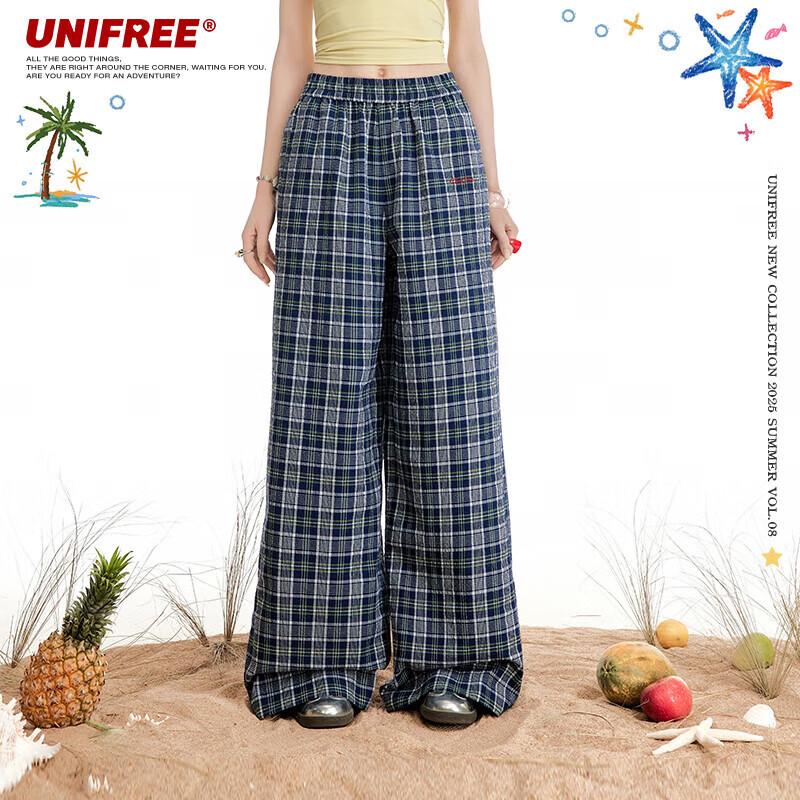 

UNIFREE Vintage Plaid Loose Straight Casual Pants M