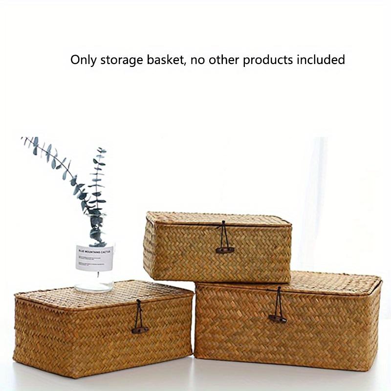 Brown/beige/coffee 3-pieces Set Grass Woven Home Sundry Storage Box with Lid Cover buckle,toy&Towel&Dirty Clothes Collecting Basket Container.