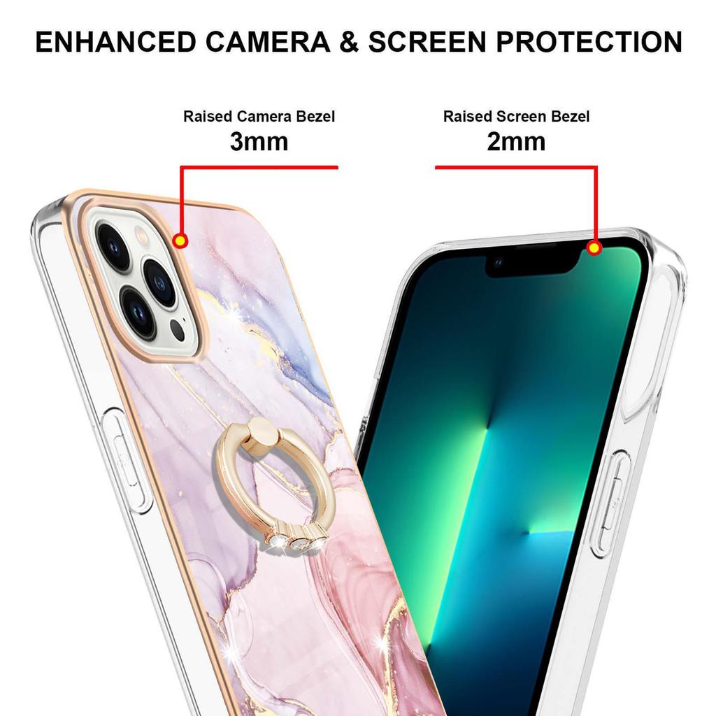 For iPhone 15 Pro Case with Ring Kickstand Marble Pattern Electroplating TPU Back Cover