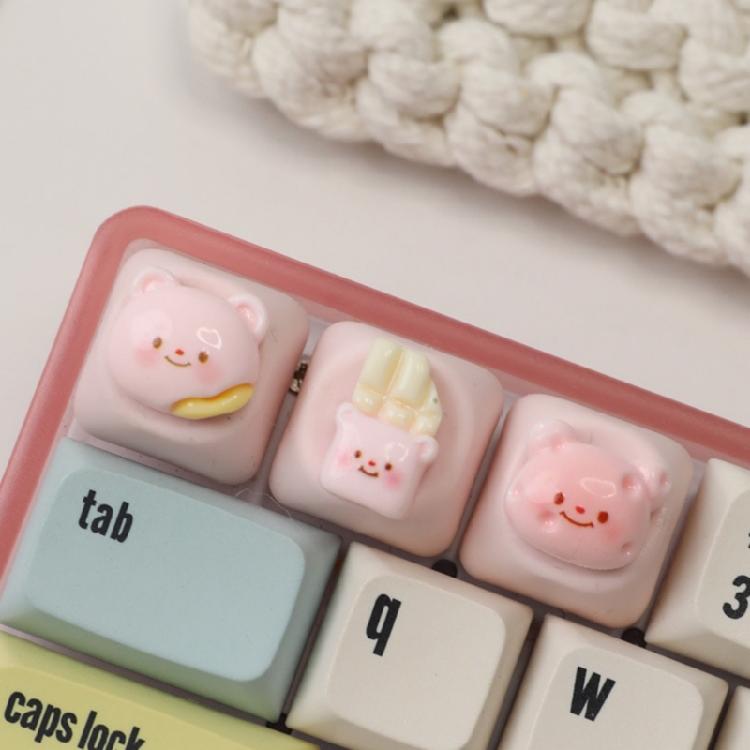 3D Cartoon Bear Resin Keycaps For Mechanical Keyboards Soft Color Optional Enhances Typing Design