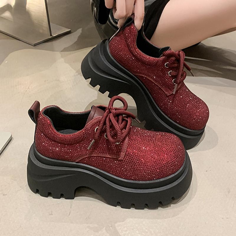 

Модные балетки Женская спортивная обувь Блестящие на шнуровке Кроссовки на платформе Модные хрустальные лоферы 2025 Осень Дизайнерские Zapatillas De Mujer 40 вино красного