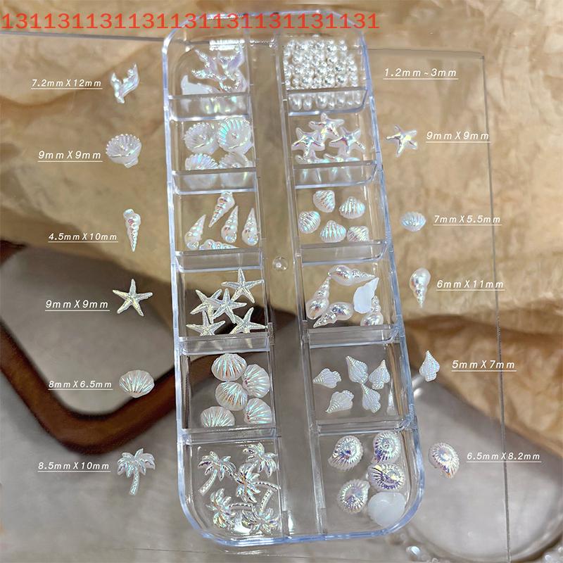 3D Nail Art Accessories for A Dreamy and Ocean Manicure Look, Shell, Starfish, Mermaid Tail, Blue and White, 12 Grids/Box