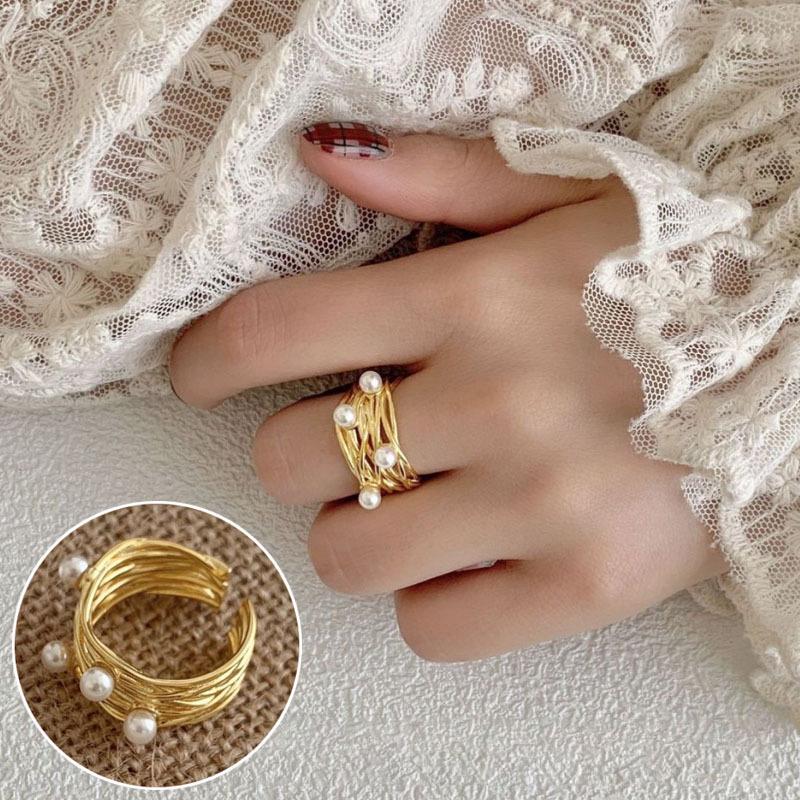 Geometric Open Adjustable Pearl Ring - Trendy Fashion Design for Women Open Adjustable
