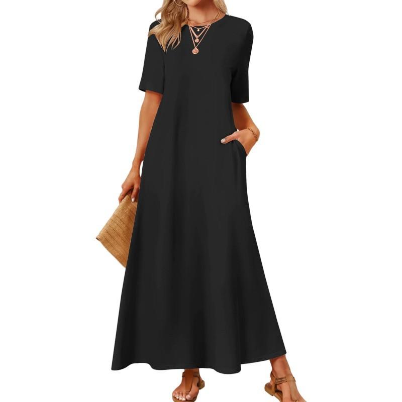 New Cross-border Women's Dress Pure Color Round Collar Pocket Short-sleeve