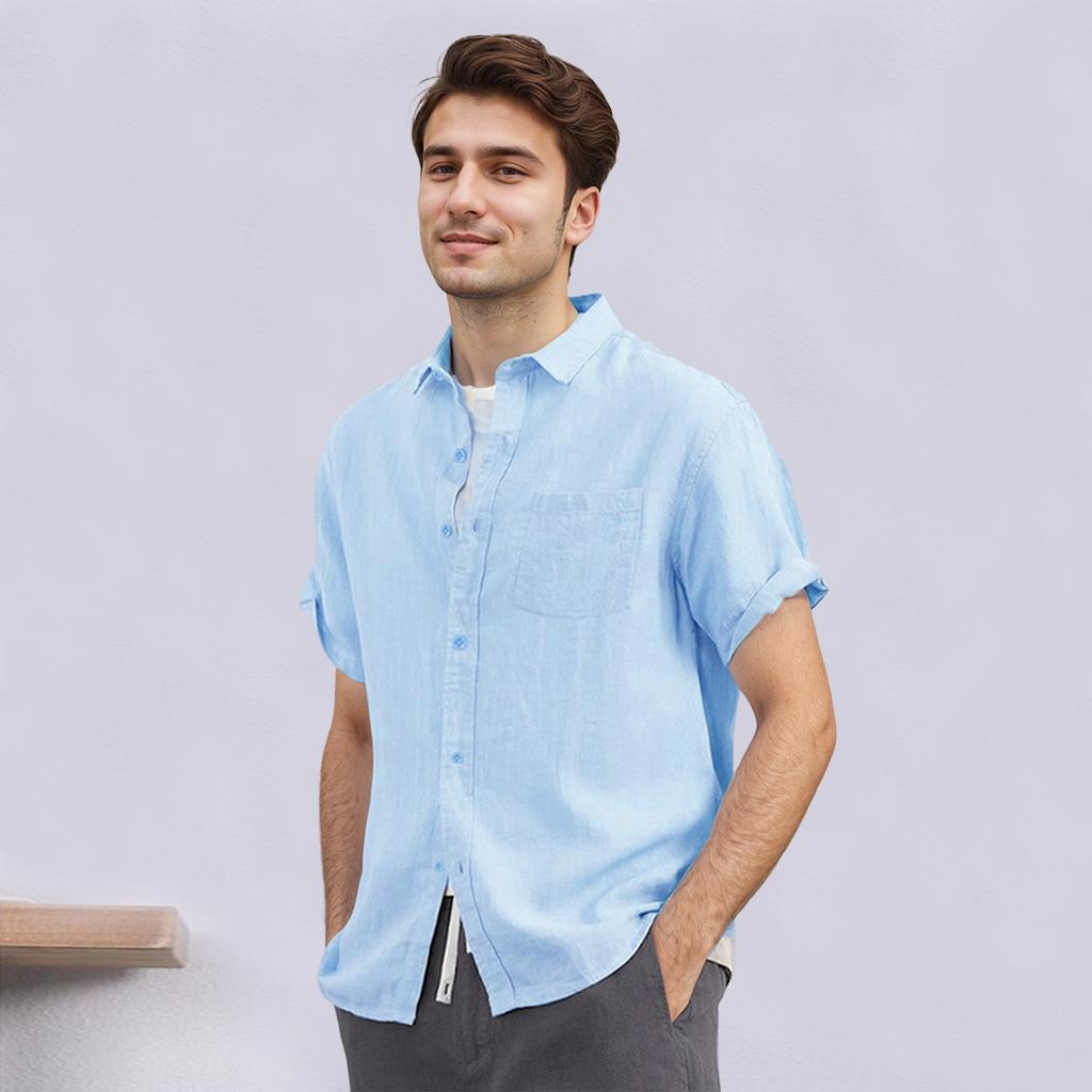 Men's Short-Sleeved Cotton Linen Shirts Summer Breathable Solid Color Casual Beach Style Plus Size Tops