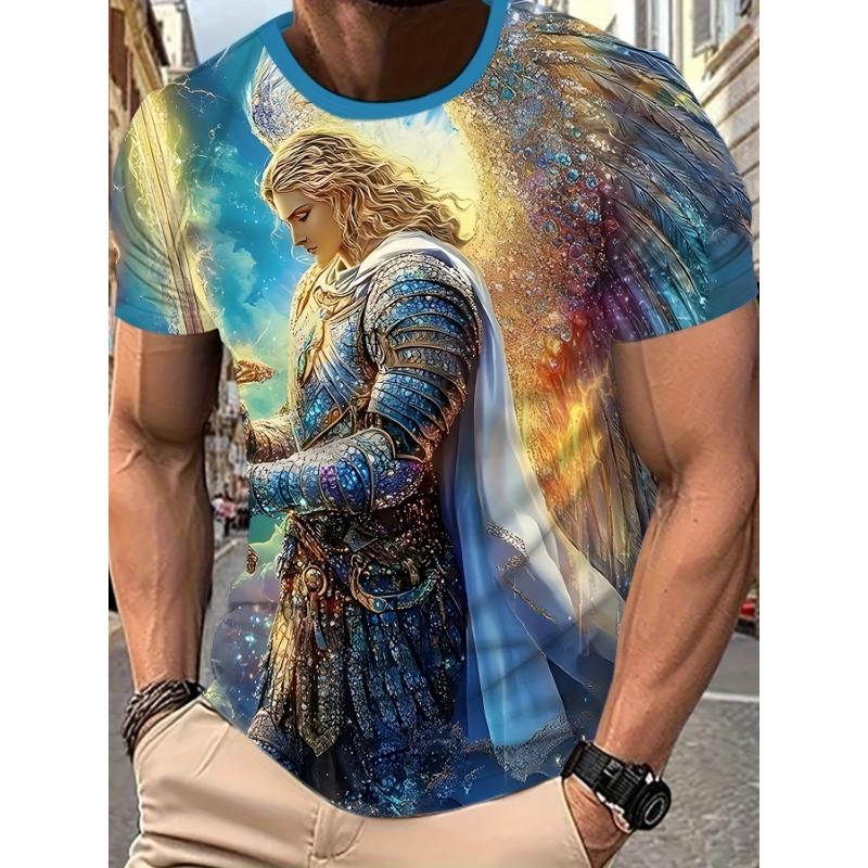 Erkek 3d Melek Savaşçı Grafik Tişört Altın Kılıç Tasarımı 3D Baskılı Erkek Tişört Giyim Kanatlı Süslü Kenarlık Unisex Tişört Üstler