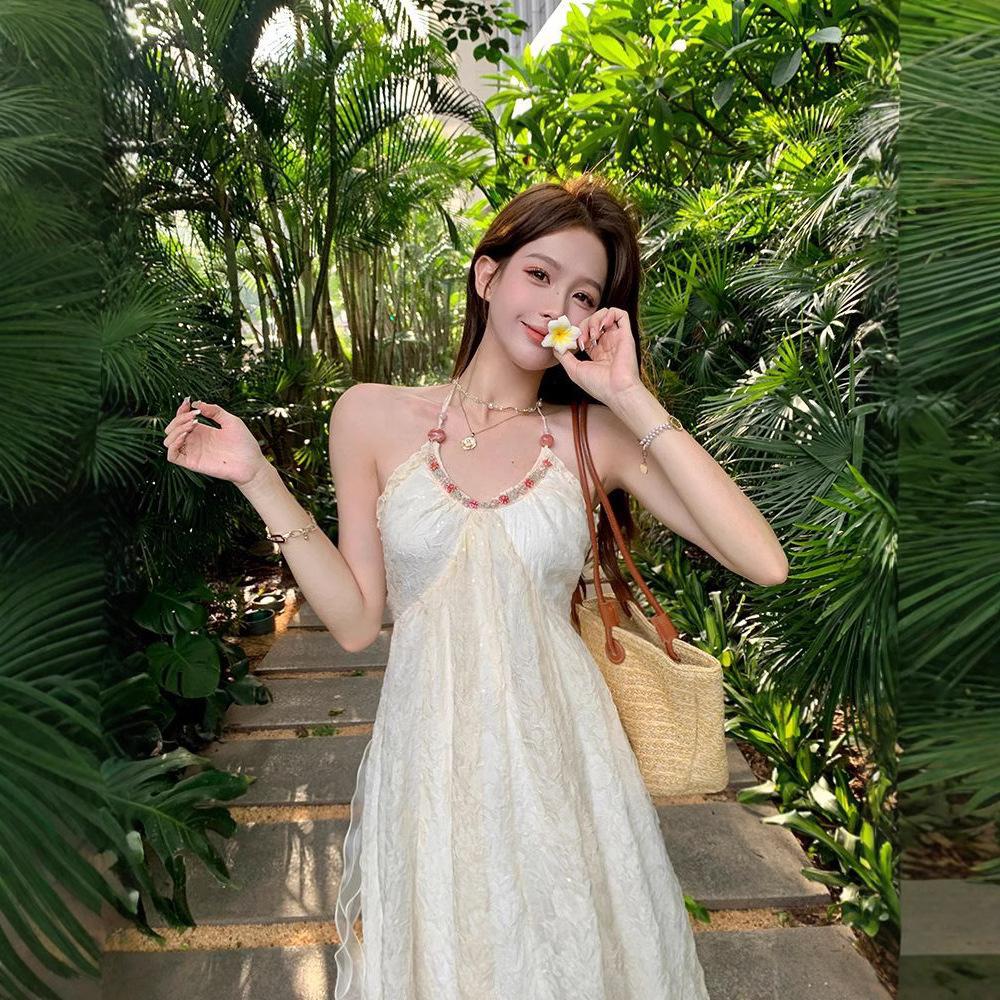 Pure desire wind neck strap suspender dress women's summer seaside vacation French backless high-end white dress