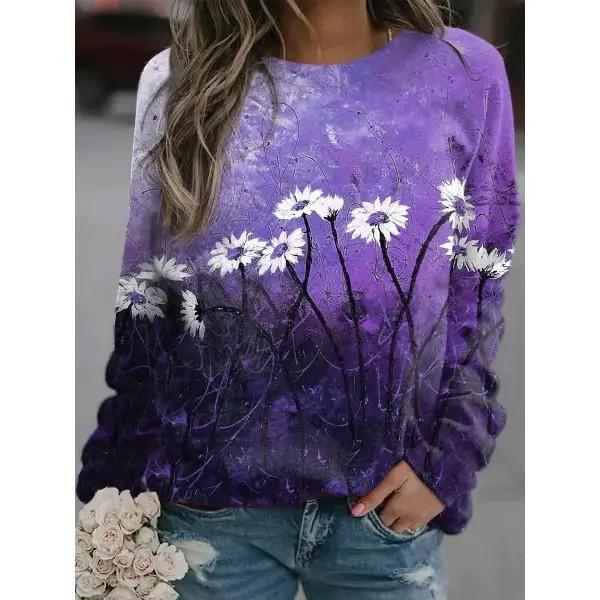 Round Neck 3D Flowers and Plants Printed Top Fashionable Casual Long Sleeved Women's T-shirts