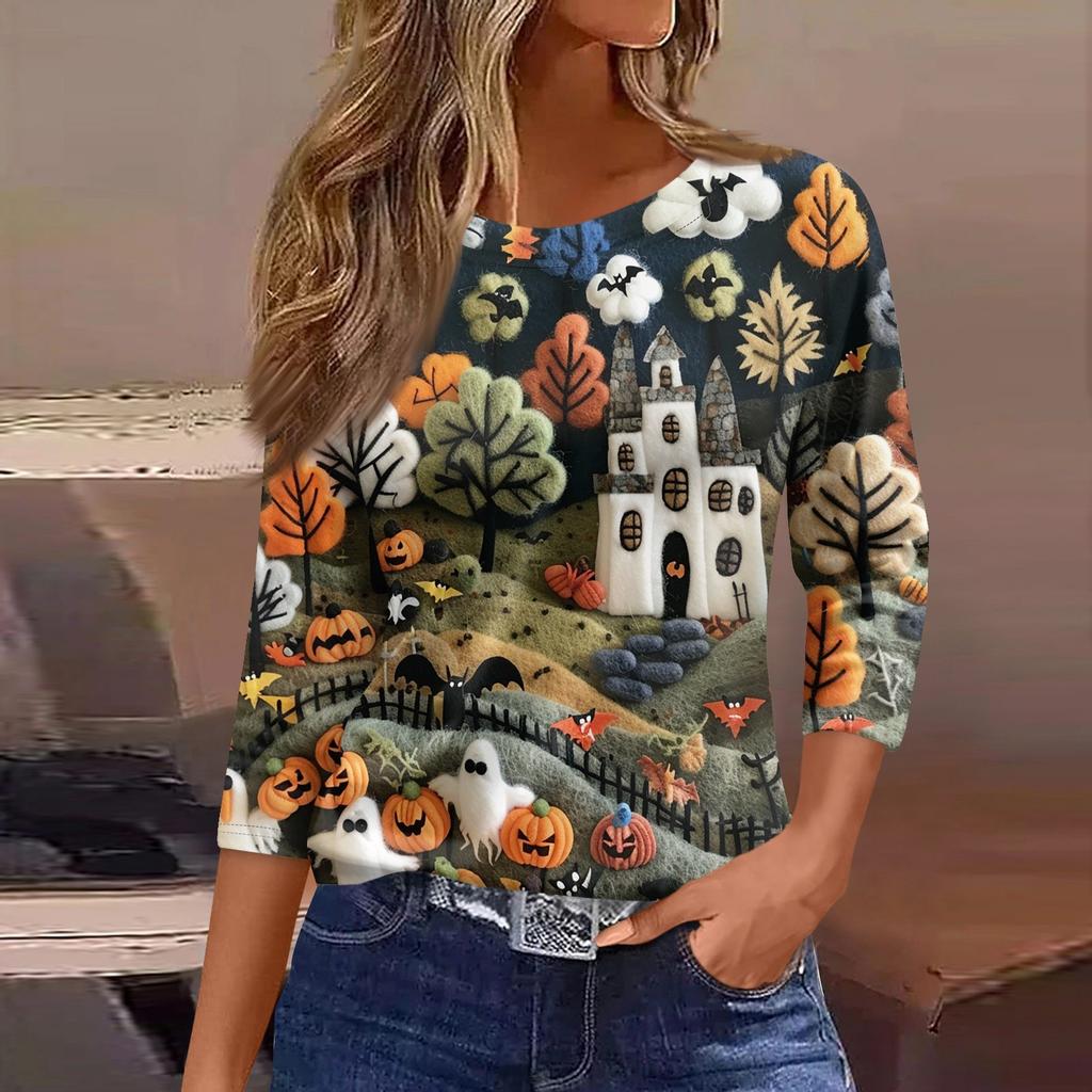 Women's Fashion Casual Three-quarter Sleeve Halloween Printed Round Neck Top