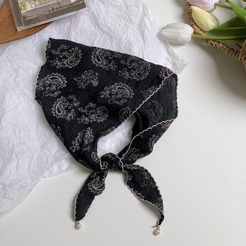 Triangle Scarf Scarf Female Retro Literary Floral Cotton and Linen Neck Protector Decorative Pearl Small Pendant Small Scarf Headband