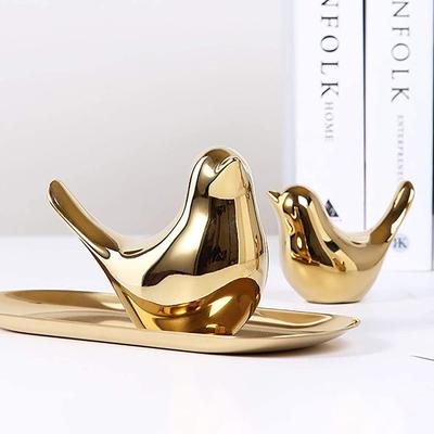Ceramic Golden Blessing Birds Figurine for Home Decor | Living Room, Bedroom, Office Desk, Cabinets - (Pack of 2, Golden)