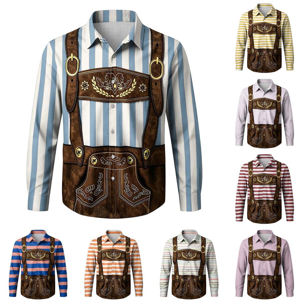Herren Oktoberfest 3D-Druck Locker geschnitten Langarmhemd Button-Down-Kragen Vintage Freizeithemd Geeignet für Frühling Herbst Outdoor Festival Party
