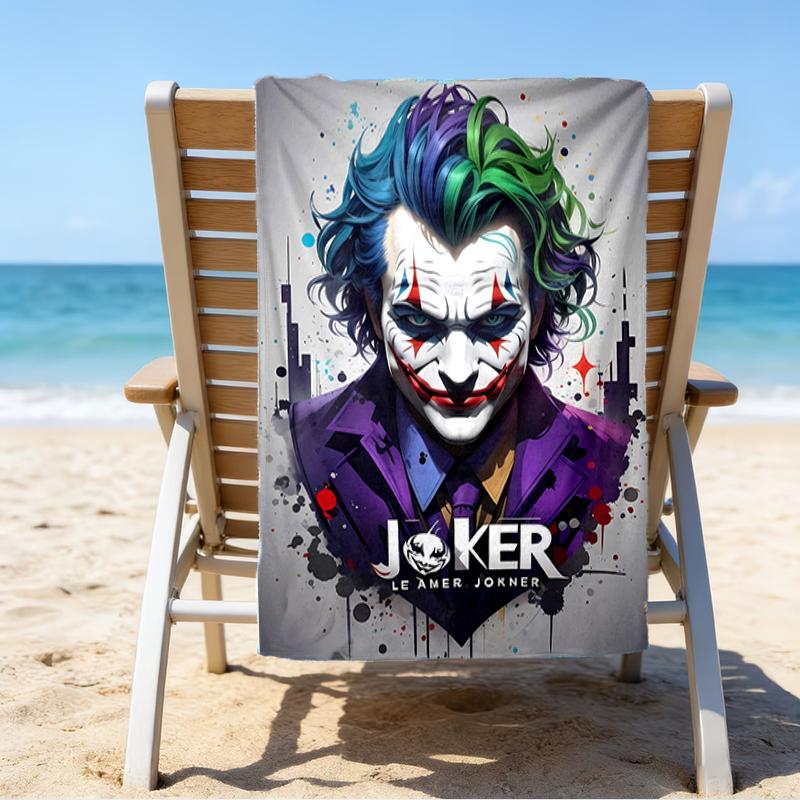 proof beach towel with a Joker character pattern - soft,absorbent,quick-drying,machine washable - perfect for swimming,camping,bathing