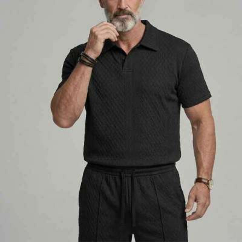 Men s White Diamond Textured Short Sleeve Polo Shirt and Pants Set S
