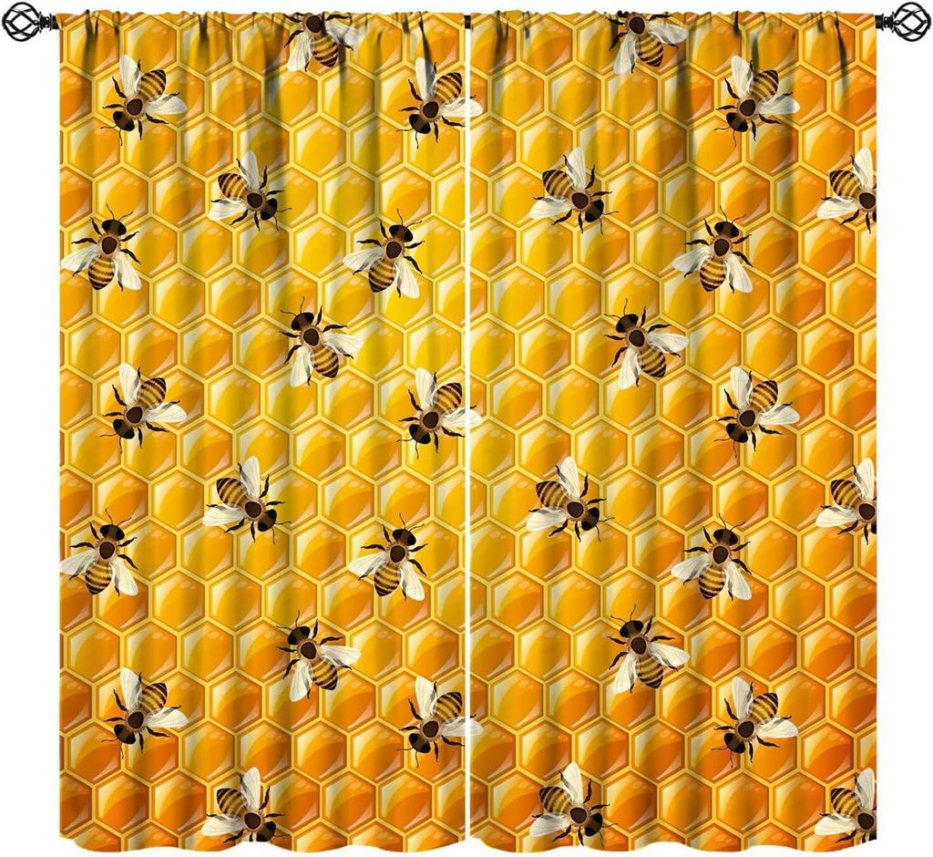 Bee Curtains Boy Girl Bedroom Spring Yellow Honeybee Inspirational Art Printed Window Drapes Living Room Curtain Light Blocking Polyester Ideal For