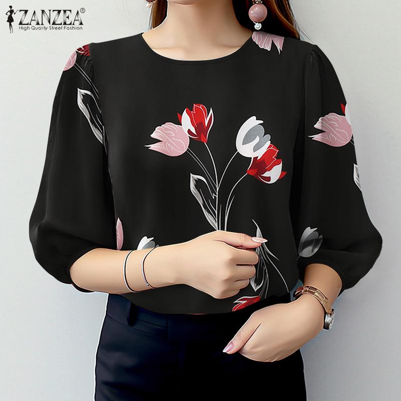 

ZANZEA Женская повседневная блузка с круглым вырезом и рукавом 3/4 с принтом S чёрный