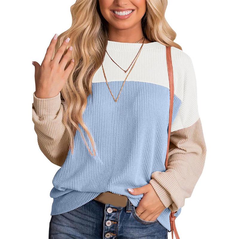 Women Fashion Color Block Long Sleeve O-neck Knitted Ribbed Casual Loose Pullovers