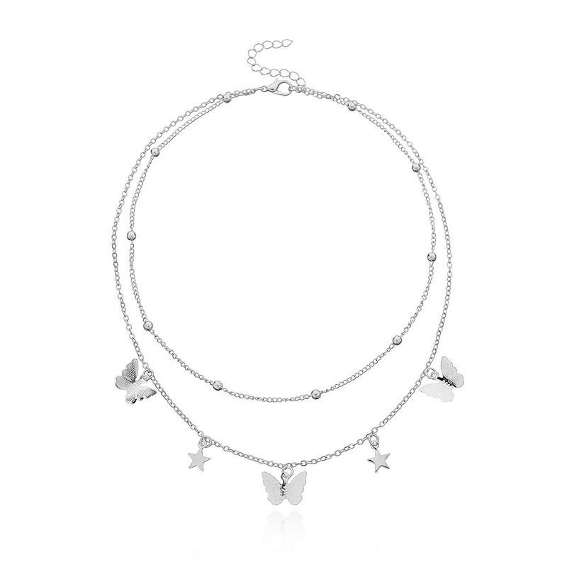 Fashion personalized bead chain accessories, double-layer simple metal star butterfly pendant necklace серебряный