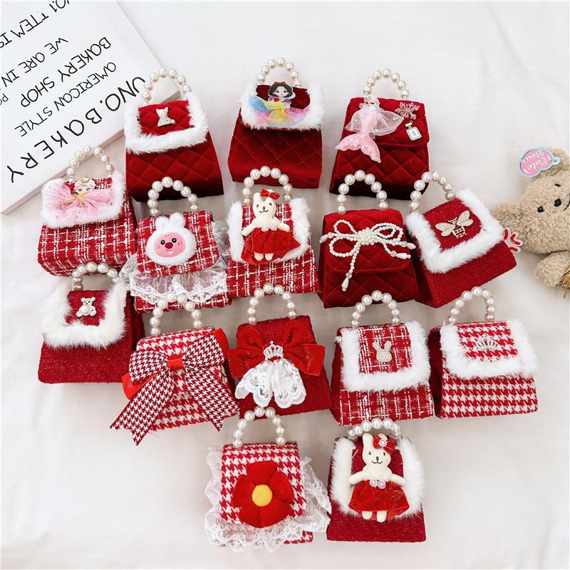 Stylish And Cute Red Pearl Handbag For Girls Featuring Adorable Butterfly Bow Accent