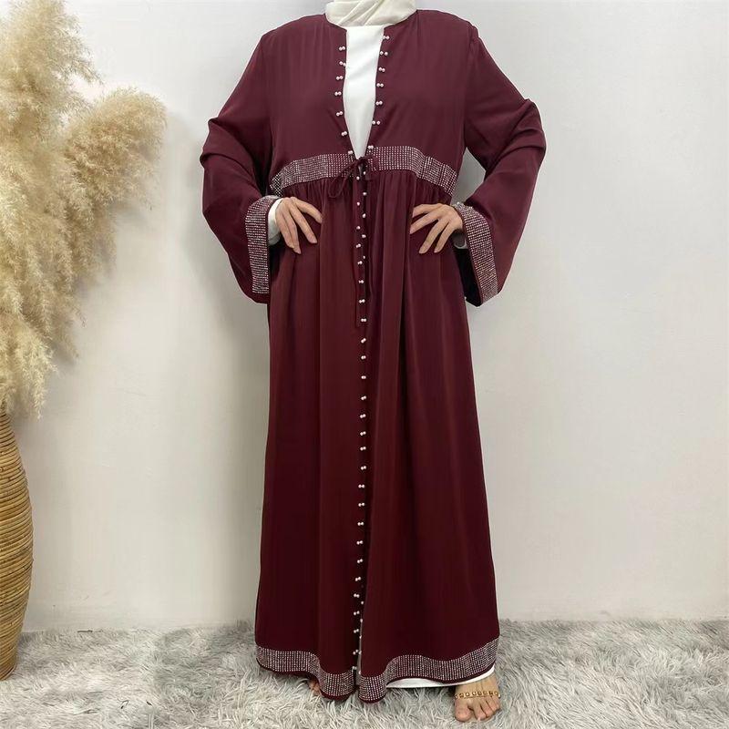 New Arrival Middle East Pure Color Hot Drilling Beading Shoelace Cardigan Robe Dress Lace up Cardigan Dress