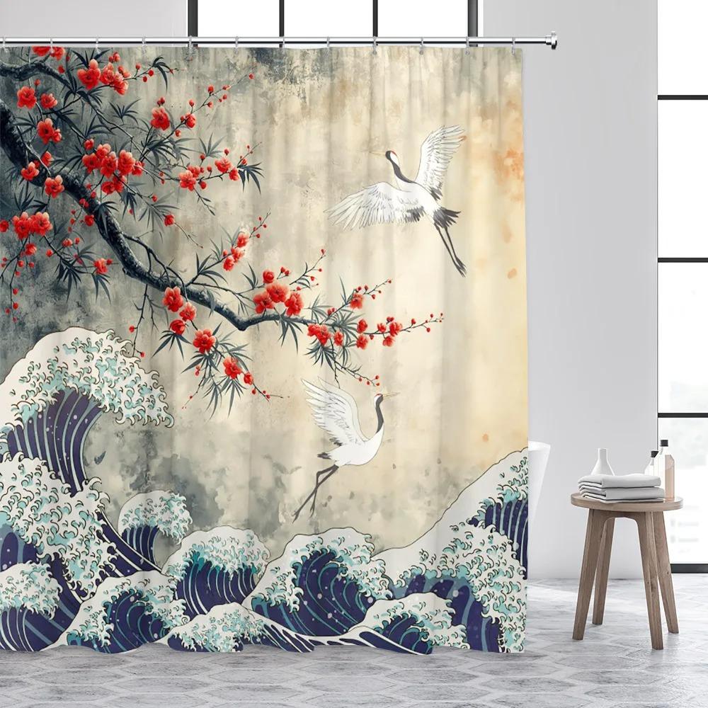 Japanese Style Ink Landscape Shower Curtain Sea Waves Crane Koi Fish Mountain Waterfall Plant Floral Bathroom Curtains Decor Set