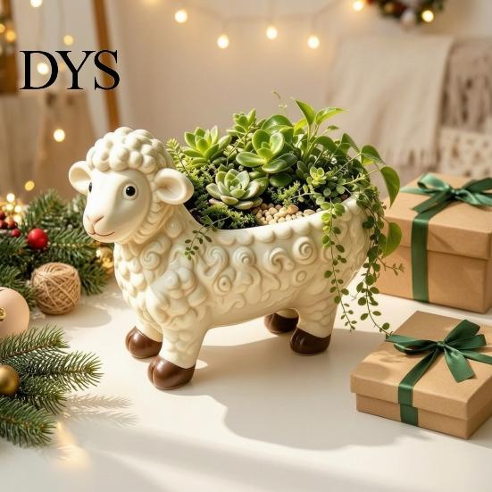 Resin Succulent Container Curly Sheep Planter Pot, Cute Lamb Flower Decorative Durable Thickened Animal Plant Pot for Succulents Cacti Indoor Outdoor
