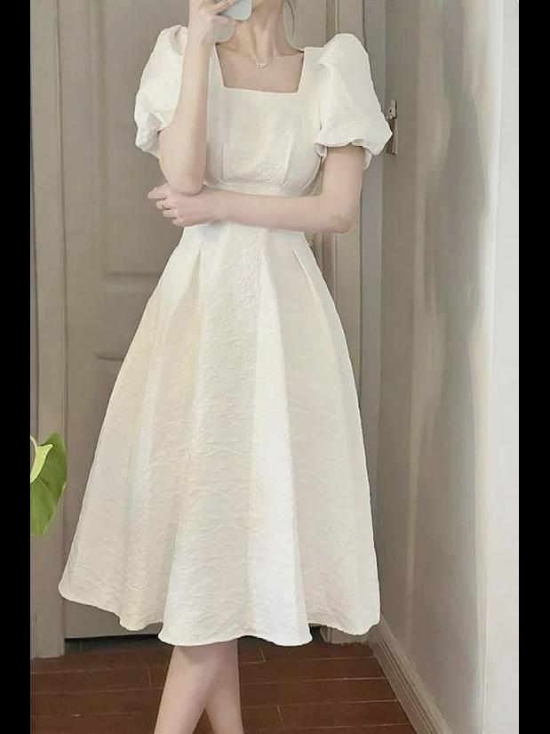 French White Summer Square Neck Slim Dress for Women